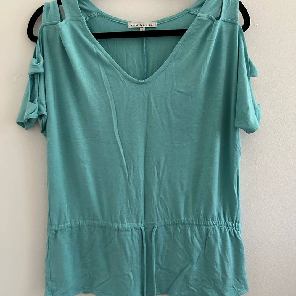 Red Haute Aqua Cold Shoulder Blouse With Waist Tie